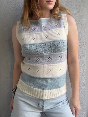 NOS Vintage Kenneth Too! Striped Knit Sweater Vest Top Blue Cream Medium